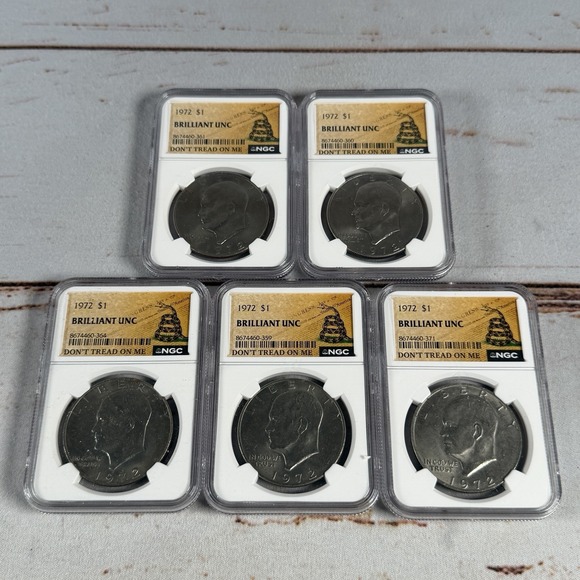 Other - (5) 1972 Eisenhower Dollar Type 2 NGC Brilliant Unc (Don't Tread on Me Label)